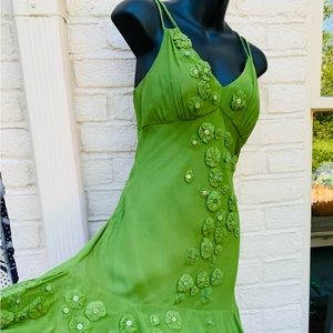 $300 SUE WONG DESIGNER GORGEOUS SILK GREEN BEADED DRESS